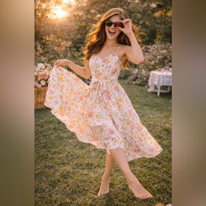 🌸✨Mine Floral Midi Dress Size L Adjustable Straps Belted✨🌸